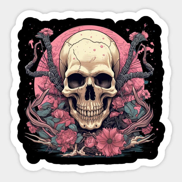Classical Skull with Flowers and Sticks Sticker by TOKEBI